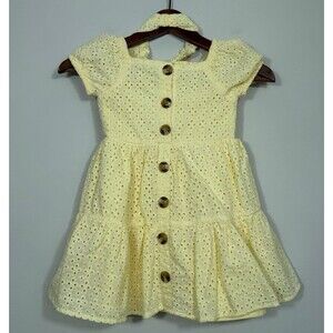 Little Lass Girls 5T Yellow Eyelet Dress & Matching Headband Set